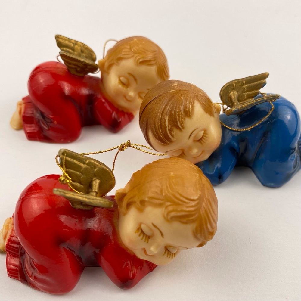 Angel Cutees Vintage 3in Ornaments Sleeping Baby Angels Lot of 3 Red Blue
